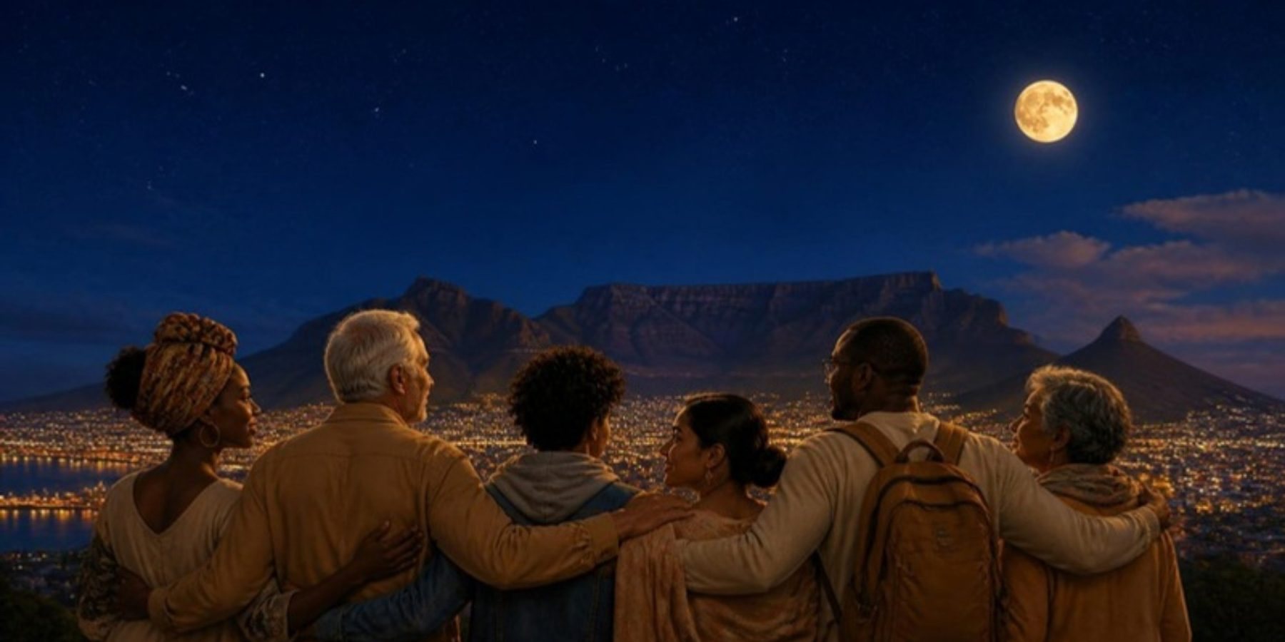 Six friends with arms around each other looking out over Cape Town at night