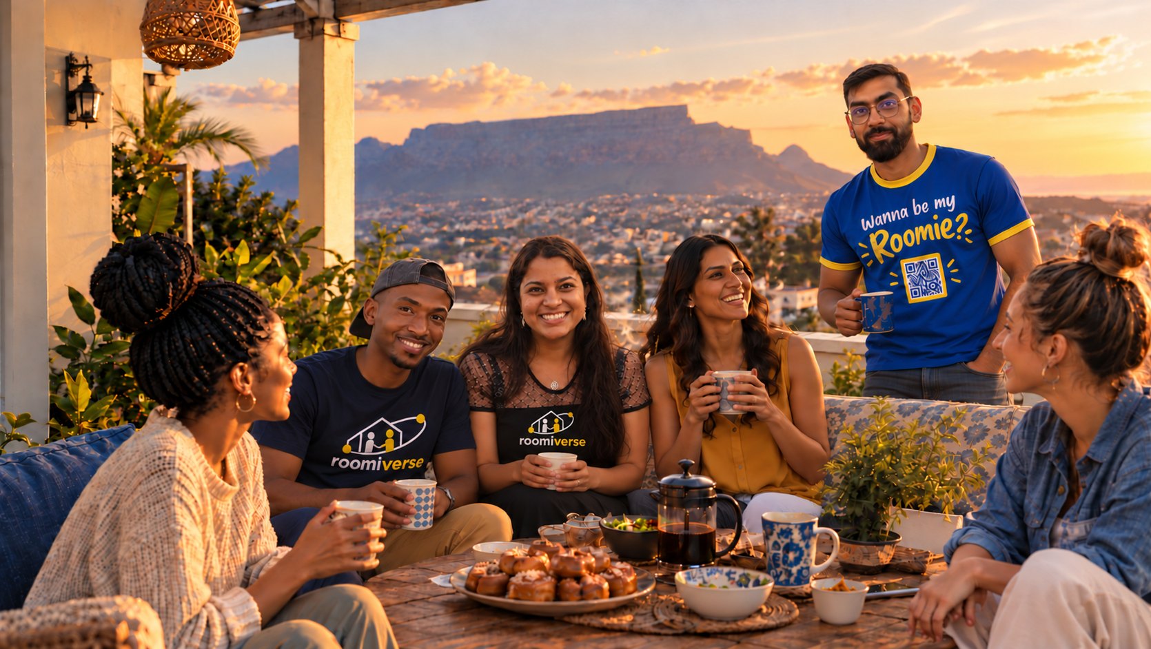 Housemates having coffee on a rooftop at sunset, Table Mountain and the city behind them
