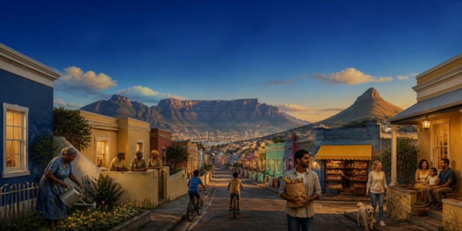 A Cape Town street at golden hour with neighbours greeting each other and Table Mountain behind