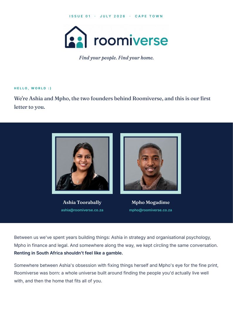 Roomiverse newsletter issue 01, page 1